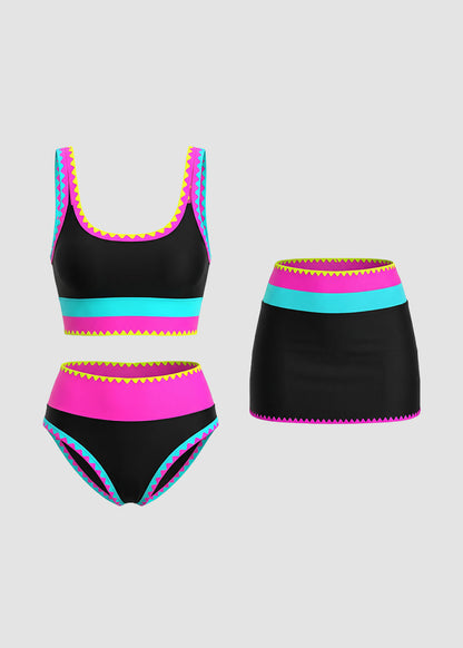 Bikini deportivo de 3 piezas de nailon con patchwork en contraste