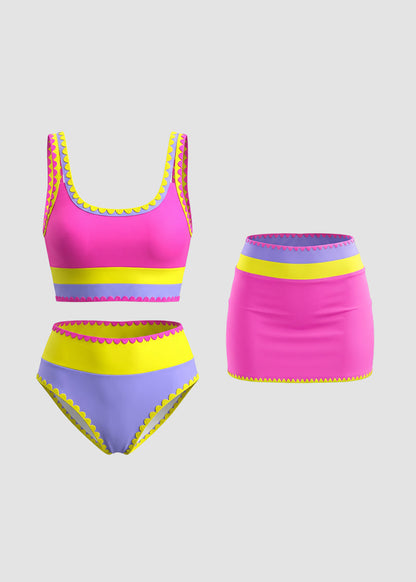 Bikini deportivo de 3 piezas de nailon con patchwork en contraste