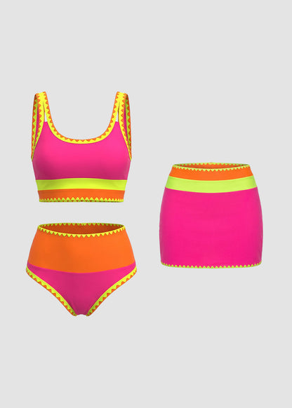 Bikini deportivo de 3 piezas de nailon con patchwork en contraste