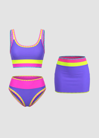 Bikini deportivo de 3 piezas de nailon con patchwork en contraste