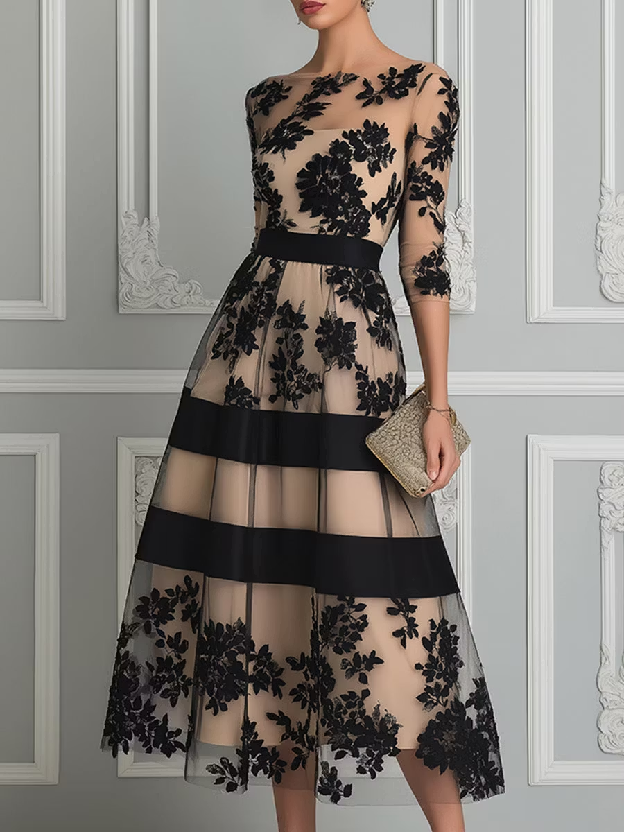 Vestido midi elegante de encaje negro en línea A
