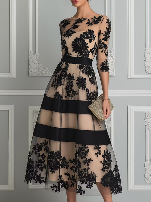 Vestido midi elegante de encaje negro en línea A