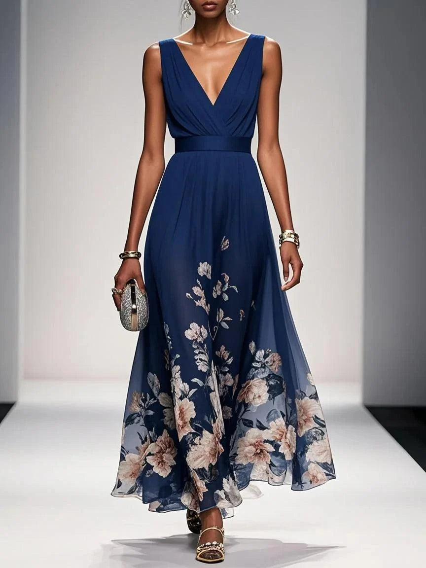 Vestido largo de gasa azul claro con flores, cuello en V y sin mangas