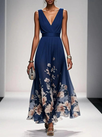 Vestido largo de gasa azul claro con flores, cuello en V y sin mangas