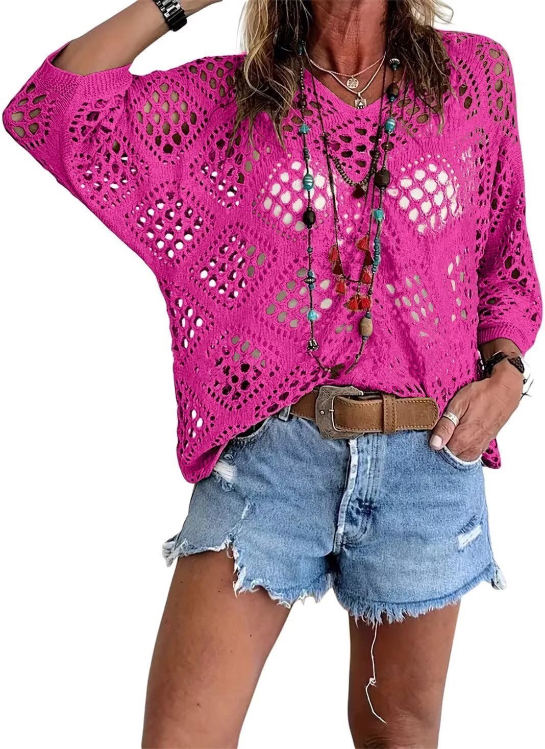 Top bohemio de punto calado de rombos con cuello en V y manga murciélago
