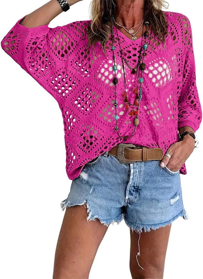 Top bohemio de punto calado de rombos con cuello en V y manga murciélago