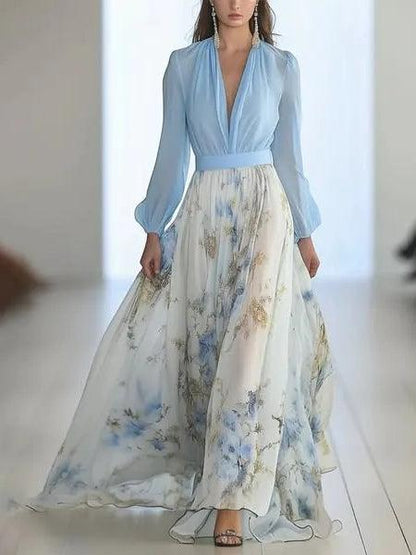 Vestido largo con estampado floral y cuello en V