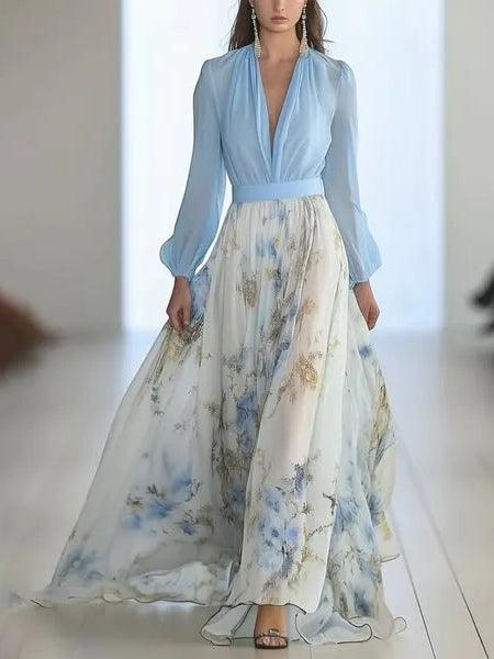 Vestido largo con estampado floral y cuello en V