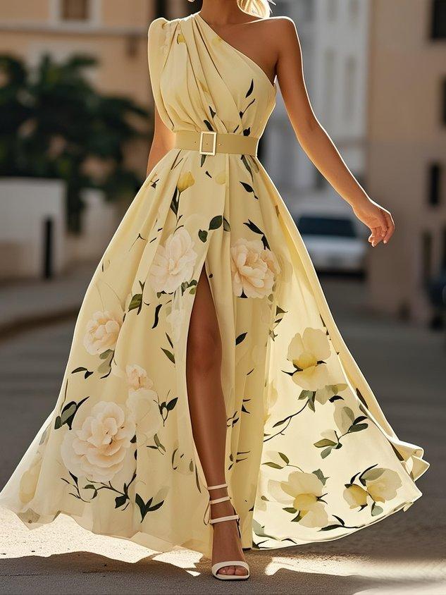Vestido largo de gasa verde claro con flores, fruncido y de un solo hombro