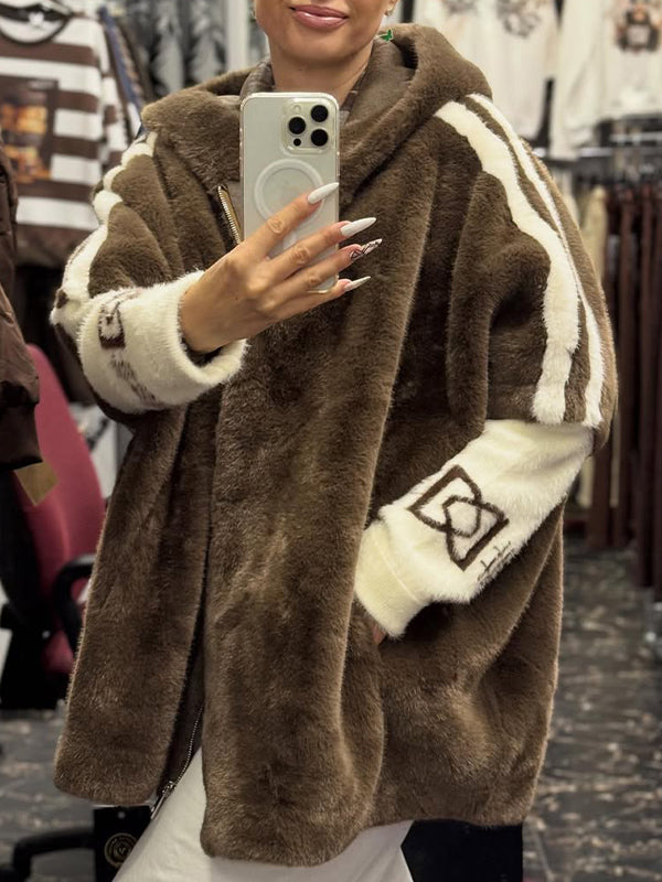 Abrigo casual de peluche con capucha y estampado de rayas verticales