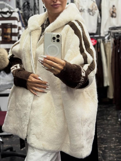 Abrigo casual de peluche con capucha y estampado de rayas verticales