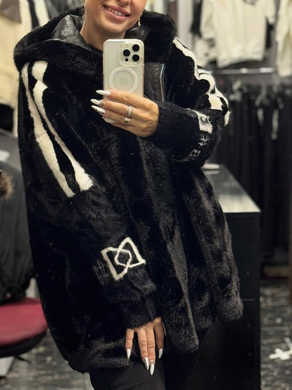 Abrigo casual de peluche con capucha y estampado de rayas verticales