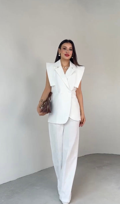 Méndez Blanc | Conjunto Blazer Sin Mangas y Pantalón Wide Leg