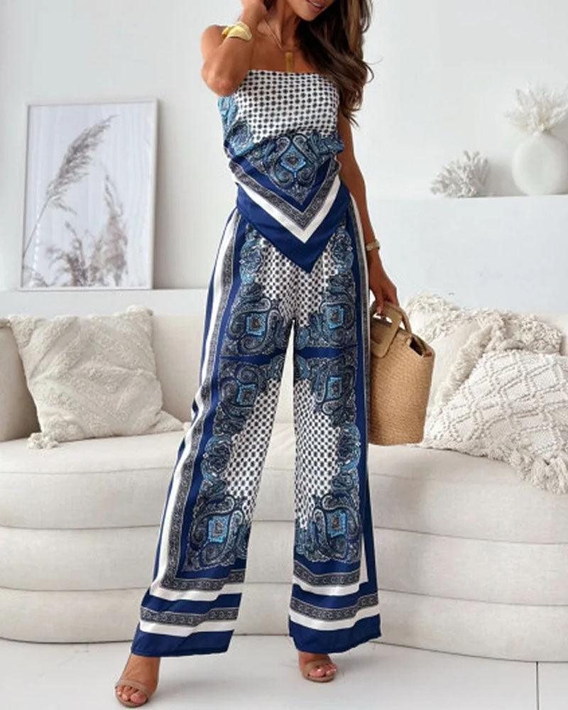 Conjunto de dos piezas: chaleco estampado con lazada y pantalón