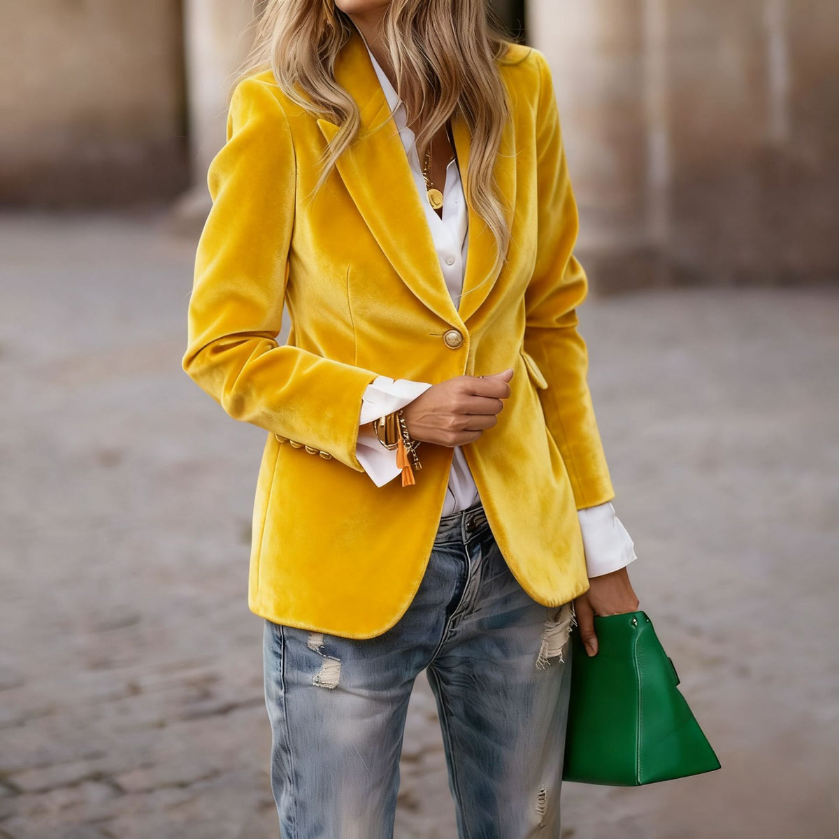 Blazer elegante de terciopelo entallado con bolsillos simulados