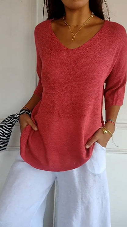 Top de punto liso con cuello en V