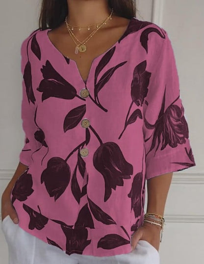 Camisa estampada de lino y algodón con cuello en V