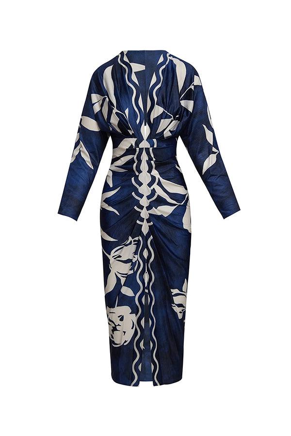 Vestido midi estampado de manga larga murciélago, fruncido y con abertura