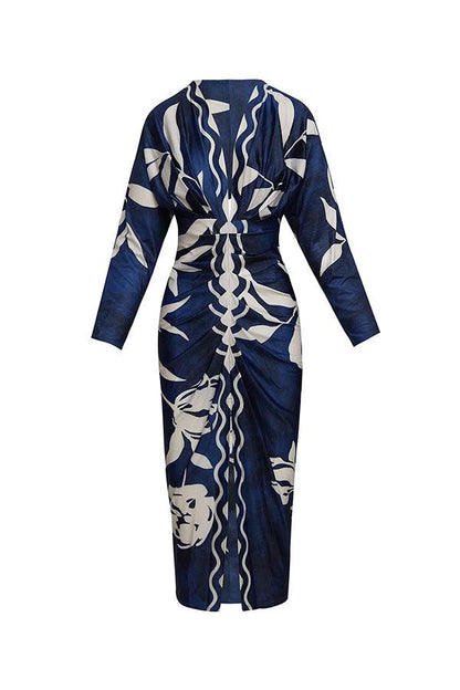 Vestido midi estampado de manga larga murciélago, fruncido y con abertura