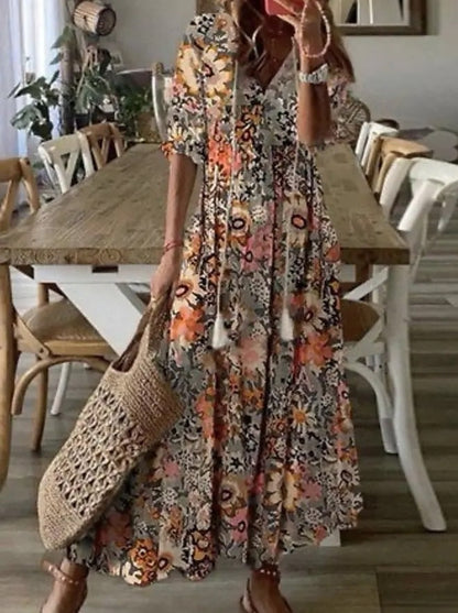 Vestido largo casual holgado estampado con cuello en V