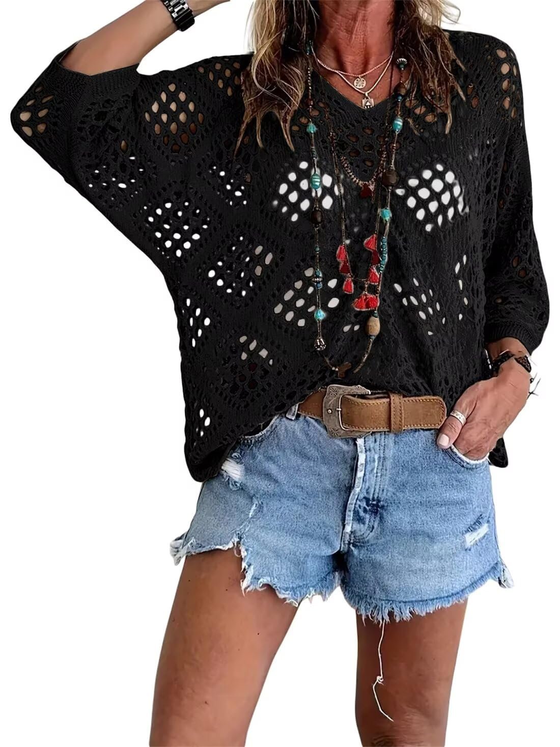 Top bohemio de punto calado de rombos con cuello en V y manga murciélago