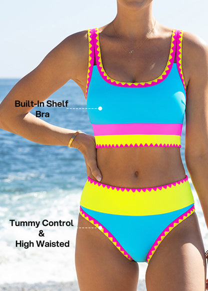 Bikini deportivo de 3 piezas de nailon con patchwork en contraste