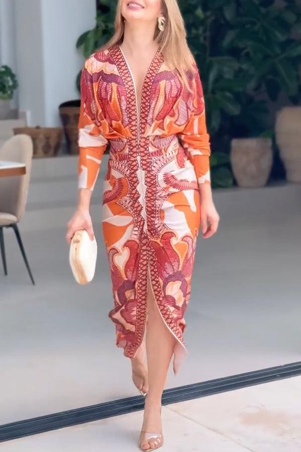 Vestido midi estampado de manga larga murciélago, fruncido y con abertura
