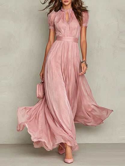 Vestido maxi de gasa morado con escote de gota y ribete de encaje