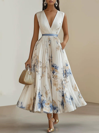Vestido midi blanco de gasa plisada con flores, cuello en V y sin mangas