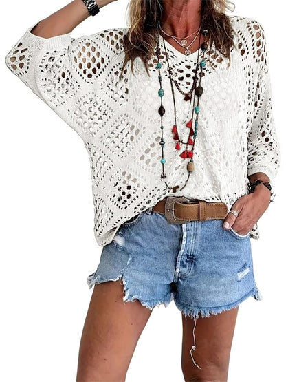 Top bohemio de punto calado de rombos con cuello en V y manga murciélago