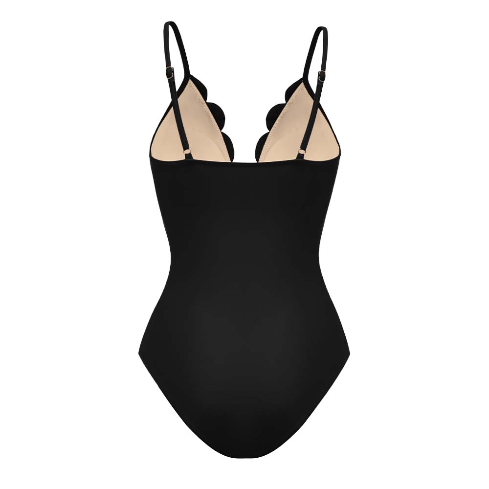 Bañador negro con flores caladas a láser y falda