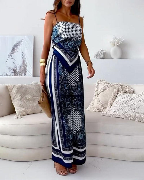 Conjunto de dos piezas: chaleco estampado con lazada y pantalón