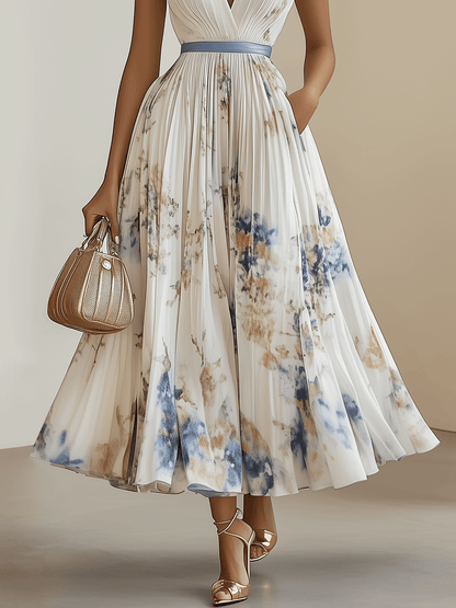 Vestido midi blanco de gasa plisada con flores, cuello en V y sin mangas