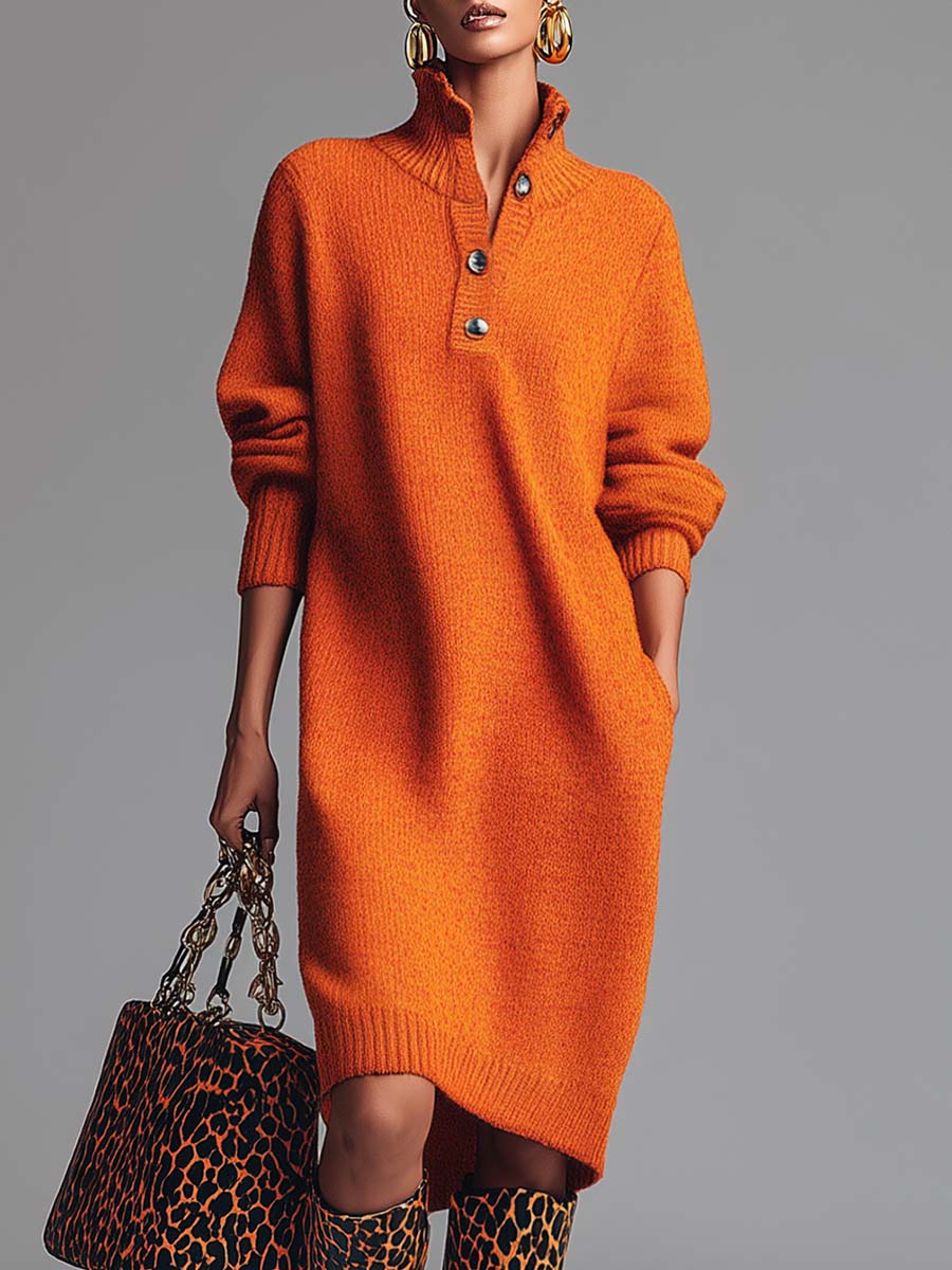 Vestido midi de punto naranja con solapa y botones