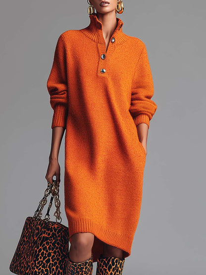Vestido midi de punto naranja con solapa y botones