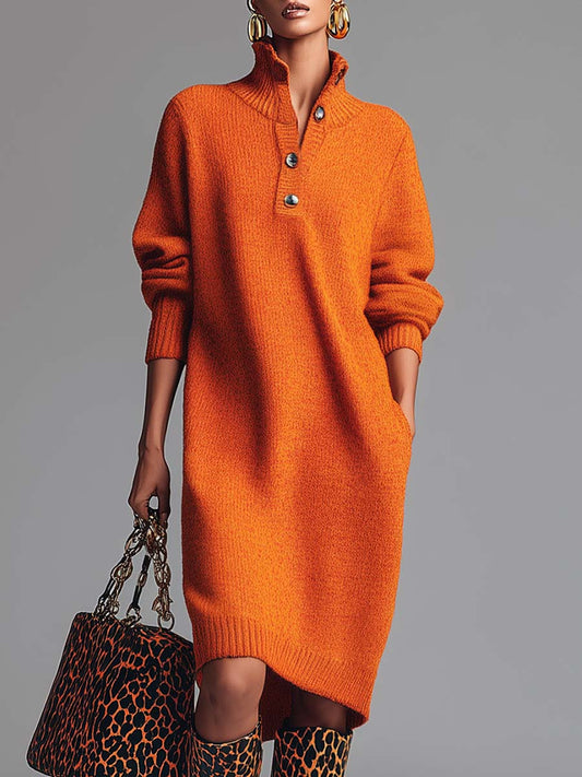 Vestido midi de punto naranja con solapa y botones