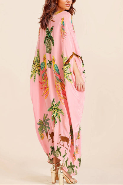 Vestido con estampado de palmeras y manga de hombro caído