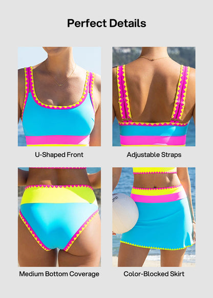 Bikini deportivo de 3 piezas de nailon con patchwork en contraste