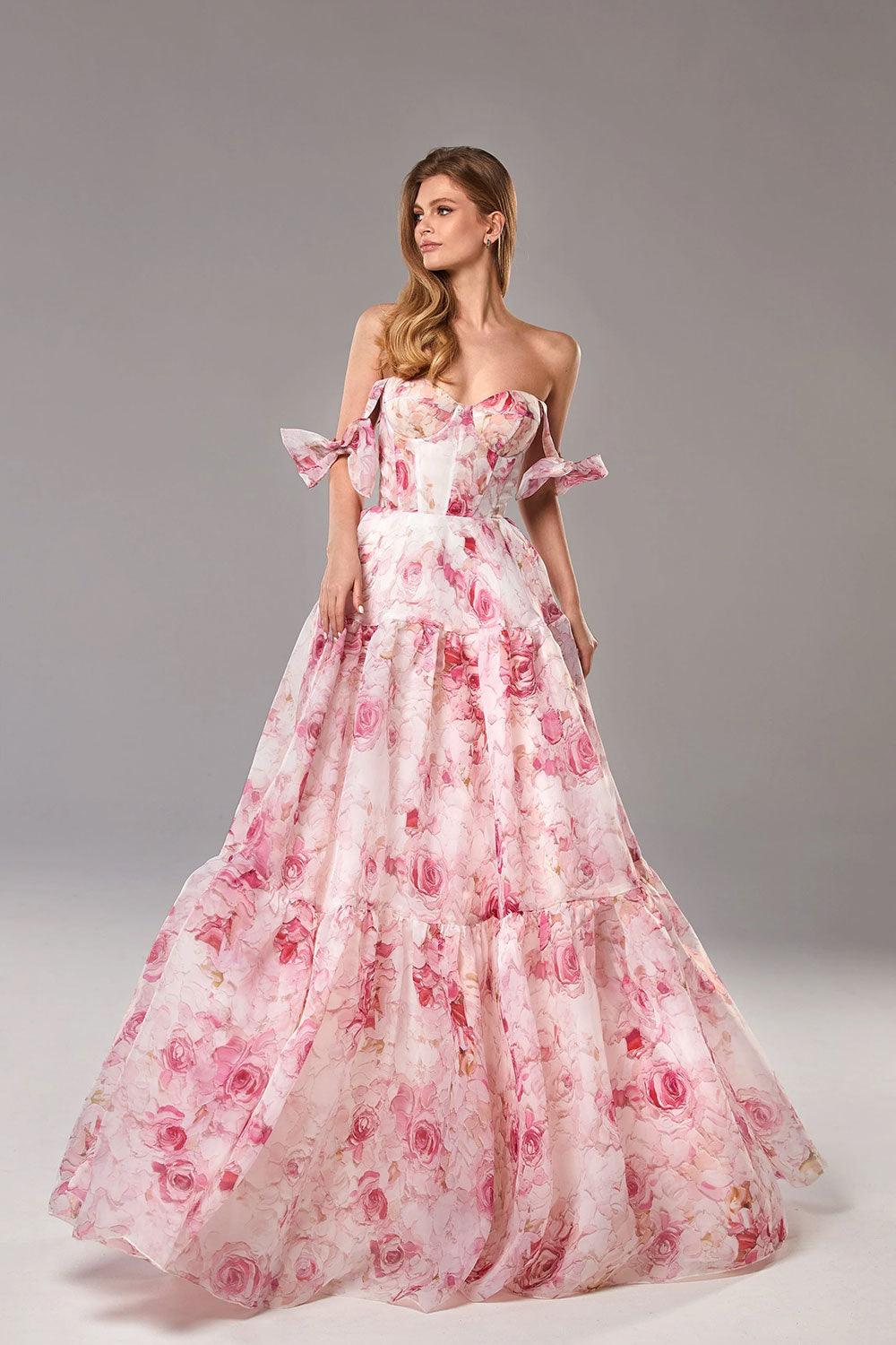 Vestido largo de organza con estampado floral y tirantes anudados