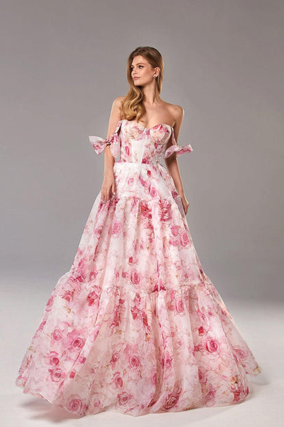 Vestido largo de organza con estampado floral y tirantes anudados