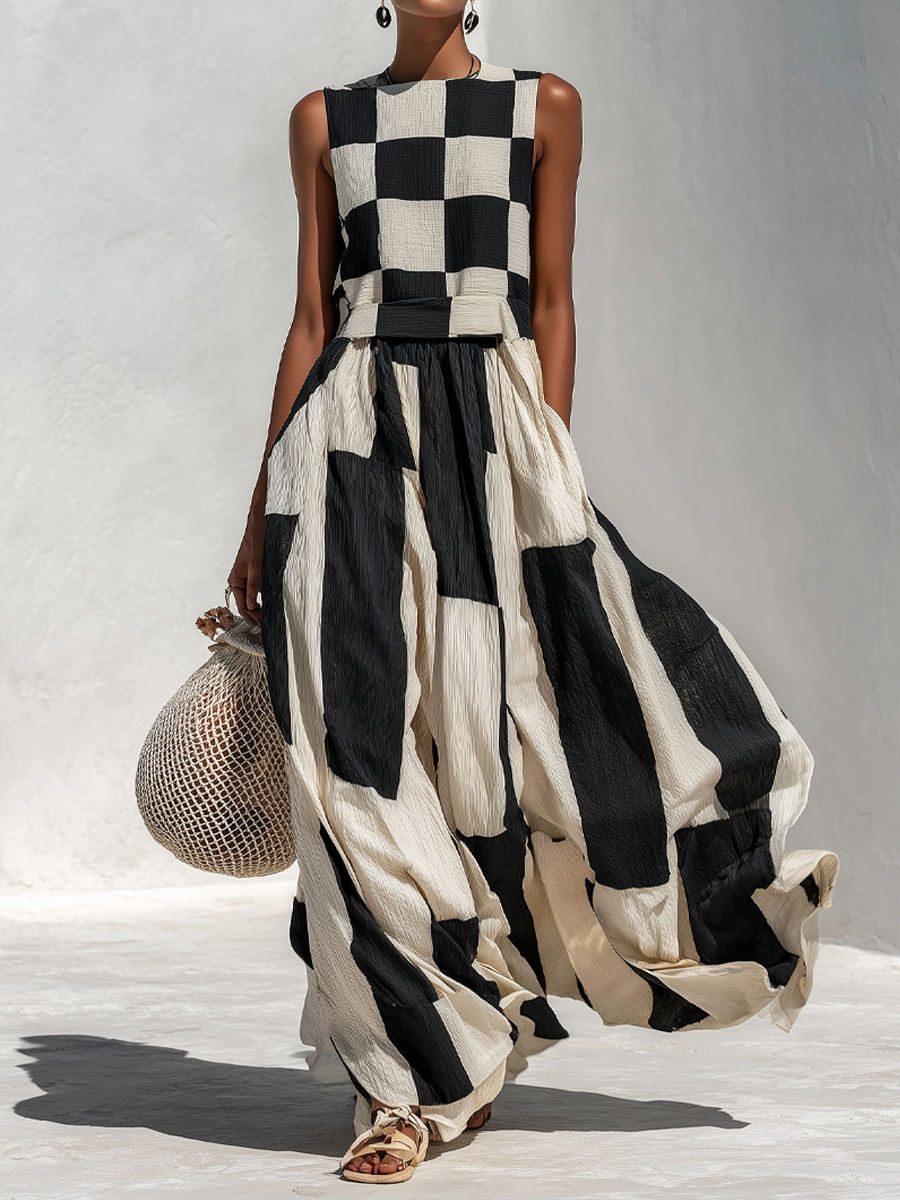 Vestido maxi sin mangas con moderno estampado de cuadros y rayas
