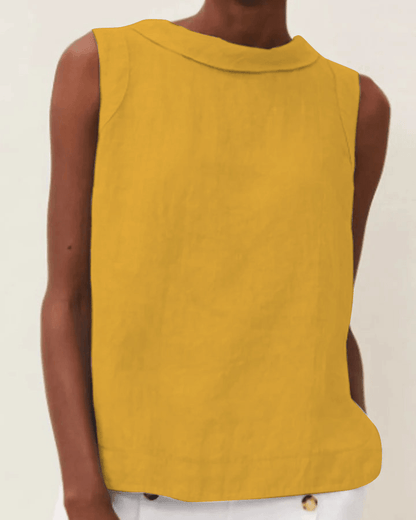 Blusa de lino de manga corta con cuello redondo