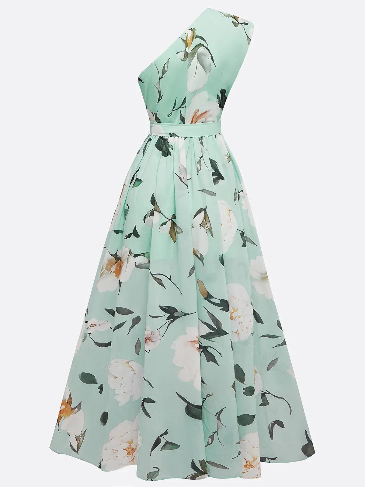 Vestido largo de gasa verde claro con flores, fruncido y de un solo hombro