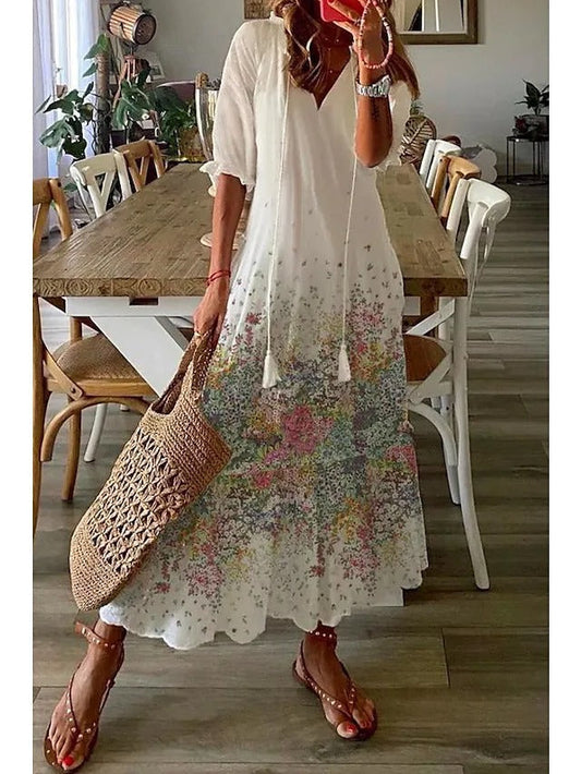 Vestido largo casual holgado estampado con cuello en V
