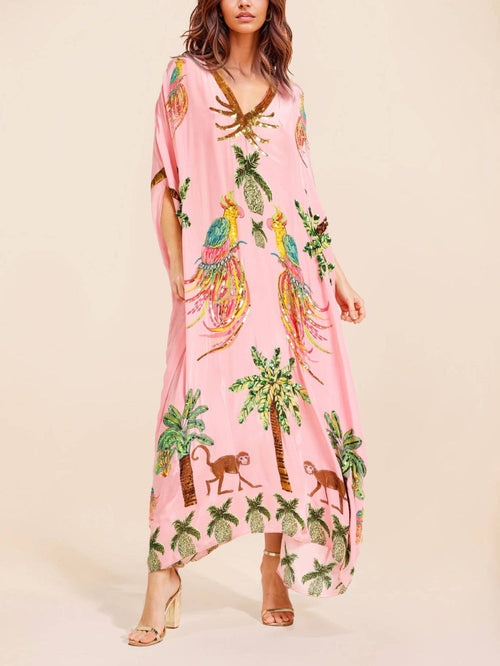 Vestido con estampado de palmeras y manga de hombro caído