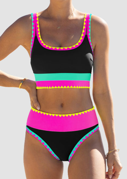 Bikini deportivo de 3 piezas de nailon con patchwork en contraste