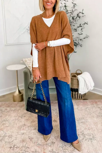 Jersey poncho liso holgado con cuello en V