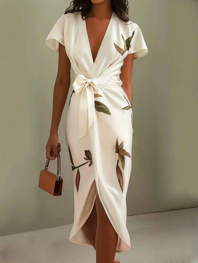 Vestido midi cruzado de satén blanco con hojas y manga corta