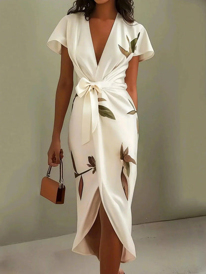 Vestido midi cruzado de satén blanco con hojas y manga corta