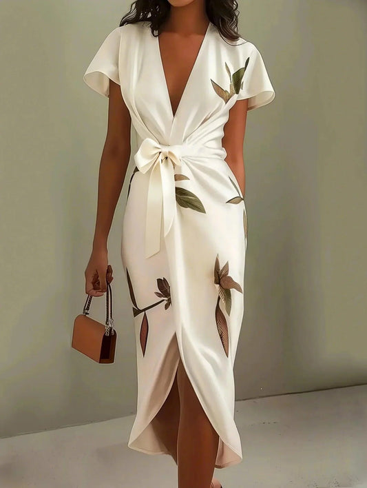 Vestido midi cruzado de satén blanco con hojas y manga corta
